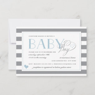 Grey & White Stripe Light Blue Boys Baby Shower Invitation