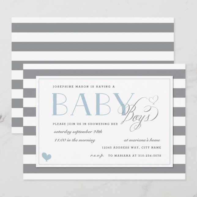 Grey & White Stripe Twins Baby Boy Shower Blue Invitation (Front/Back)