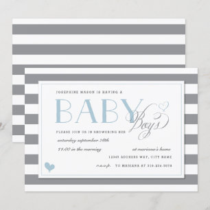 Grey & White Stripe Twins Baby Boy Shower Blue Invitation