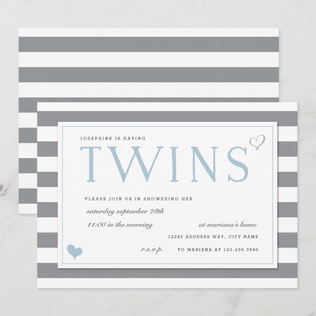 Grey & White Stripe Twins Baby Shower Invitation (Front/Back)