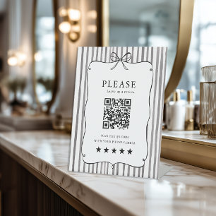Grey White Stripe Vintage Bow QR Code Review Pedestal Sign
