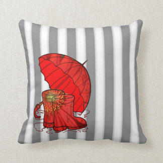 Grey White Stripe with Red Umbrella & Rain Boot Cushion
