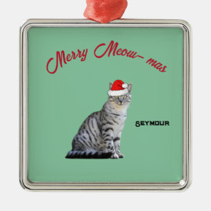 Grey White Striped Cat wearing a Santa Hat    Metal Tree Decoration