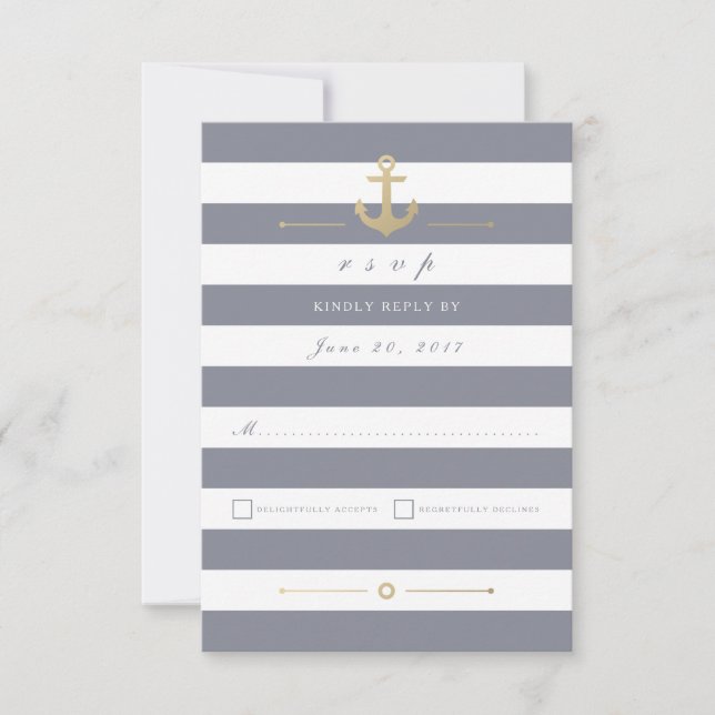 Grey White Striped Nautical Response RSVP Card (Front)