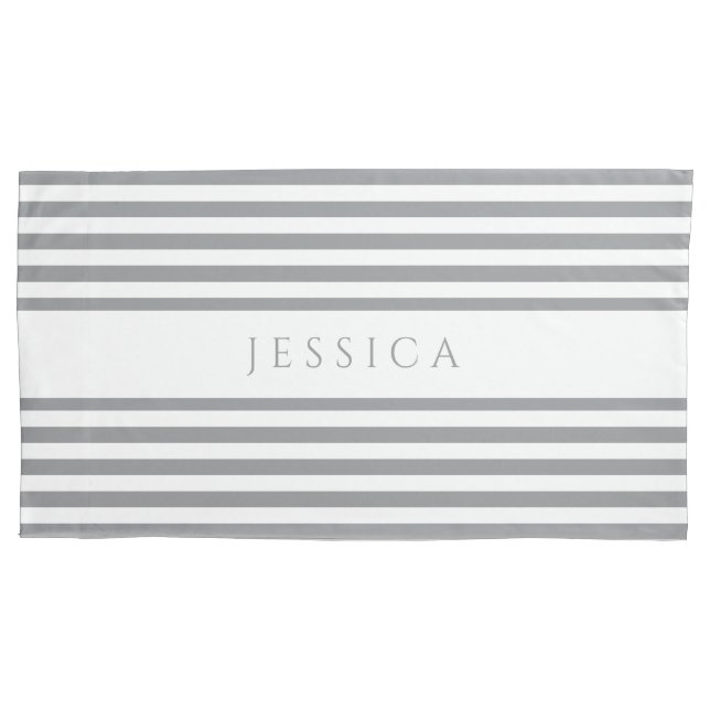 Grey & White Striped Pattern Name Pillow Case (Front)