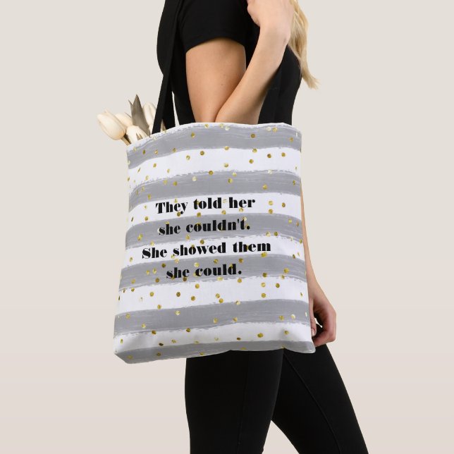 Grey, White, Stripes, Gold Confetti Tote Bag (Close Up)