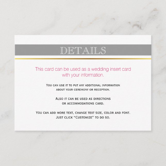 Grey white stripes gold, pink wedding insert card (Front)