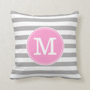 Grey White Stripes Minimal Pastel Pink Monogram Cushion