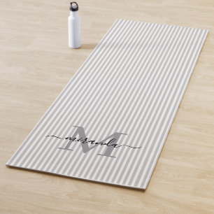 Grey & White Stripes Monogram Name Yoga Mat