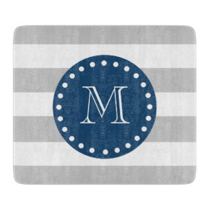 Grey White Stripes Pattern, Navy Blue Monogram Cutting Board