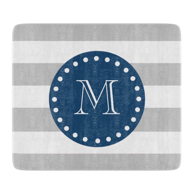 Grey White Stripes Pattern, Navy Blue Monogram Cutting Board (Front)