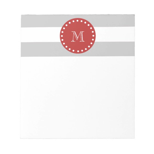 Grey White Stripes Pattern, Red Monogram Notepad (Front)