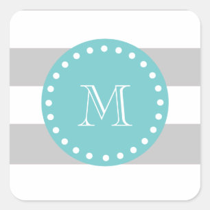 Grey White Stripes Pattern, Teal Monogram Square Sticker
