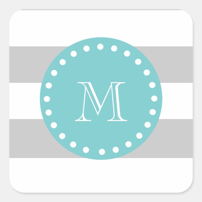 Grey White Stripes Pattern, Teal Monogram Square Sticker (Front)
