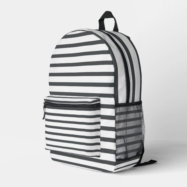 Grey White Stripes Printed Backpack (Back Corner Right)