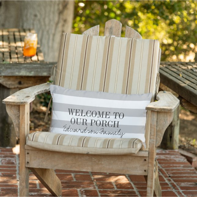 Grey white stripes welcome porch family name lumbar cushion (Chair)