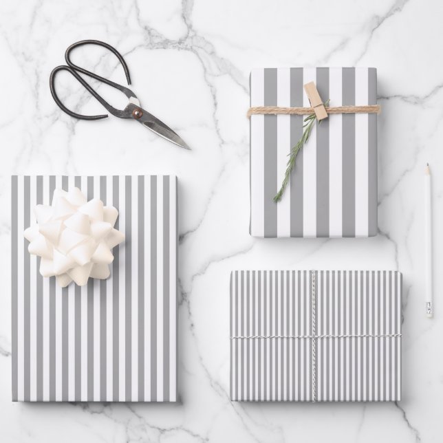 Grey & White Stripes Wrapping Paper Sheet (Front)