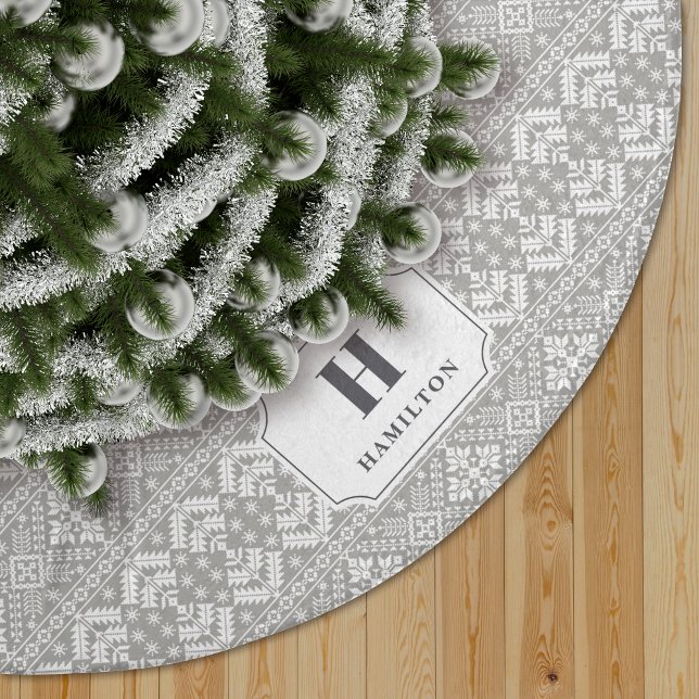 Grey & White Sweater Pattern Monogram Brushed Polyester Tree Skirt (Creator Uploaded)