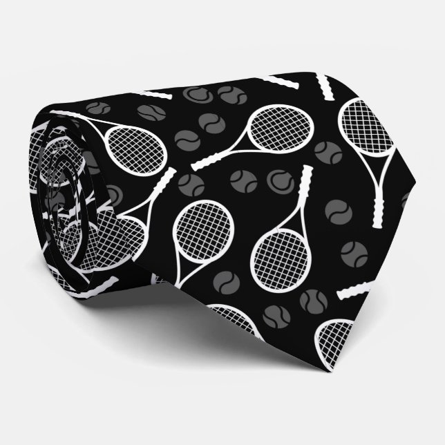Grey & White Tennis Dad Ball Racket Pattern Black  Tie (Rolled)