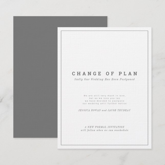 Grey white text postponed change of wedding plan invitation (Front/Back)