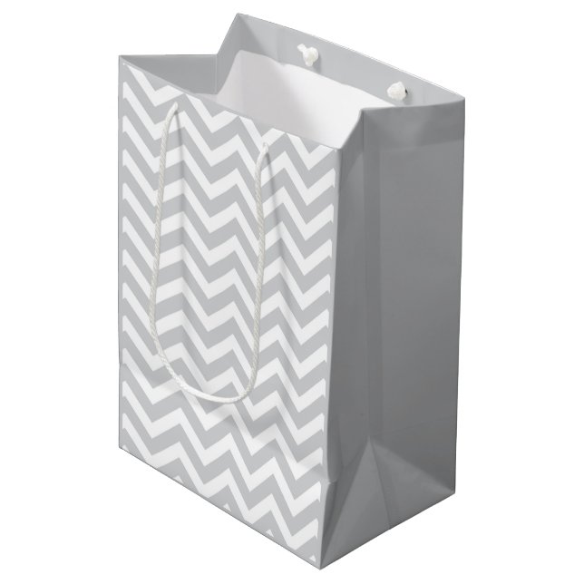 Grey & White Thick Chevron Wedding Birthday V1 Medium Gift Bag (Front Angled)