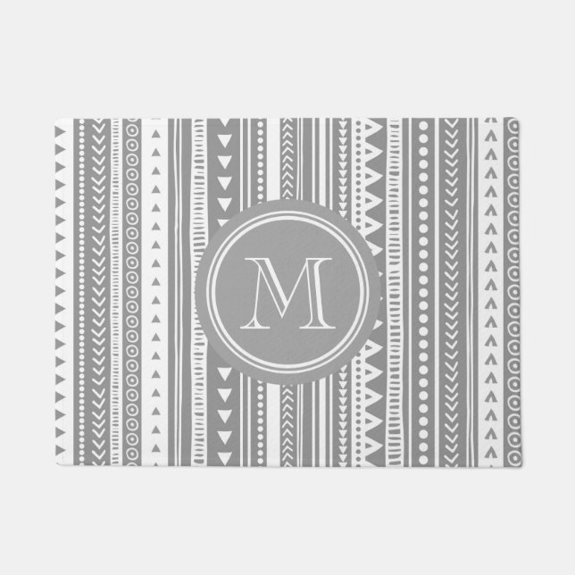 Grey White Tribal Grey Monogram Doormat (Front)