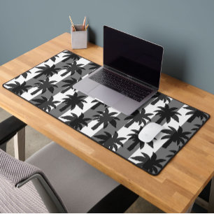 Grey White Tropical Palm Trees Stripes Design Desk Mat