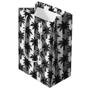 Grey White Tropical Palm Trees Stripes Design Medium Gift Bag