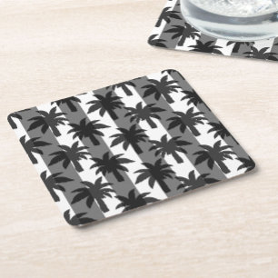 Grey White Tropical Palm Trees Stripes Design Square Paper Coaster