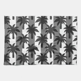 Grey White Tropical Palm Trees Stripes Design Tea Towel