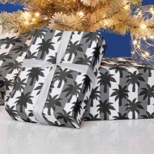 Grey White Tropical Palm Trees Stripes Design Wrapping Paper