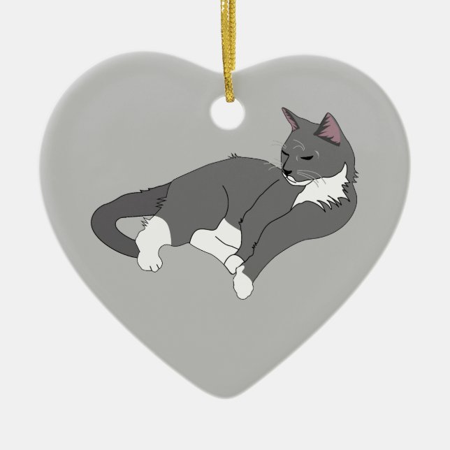 Grey & White Tuxedo Cat Ceramic Tree Decoration (Front)