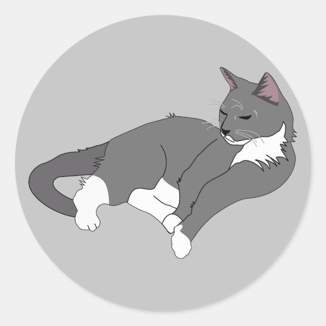 Grey & White Tuxedo Cat Classic Round Sticker (Front)