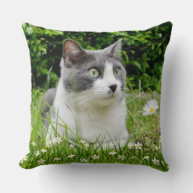 Grey & White Tuxedo Cat & Flowers Cushion (Front)