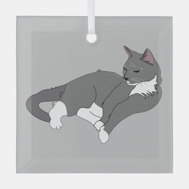 Grey & White Tuxedo Cat Glass Tree Decoration (Front)
