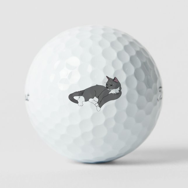 Grey & White Tuxedo Cat Golf Balls (Front)