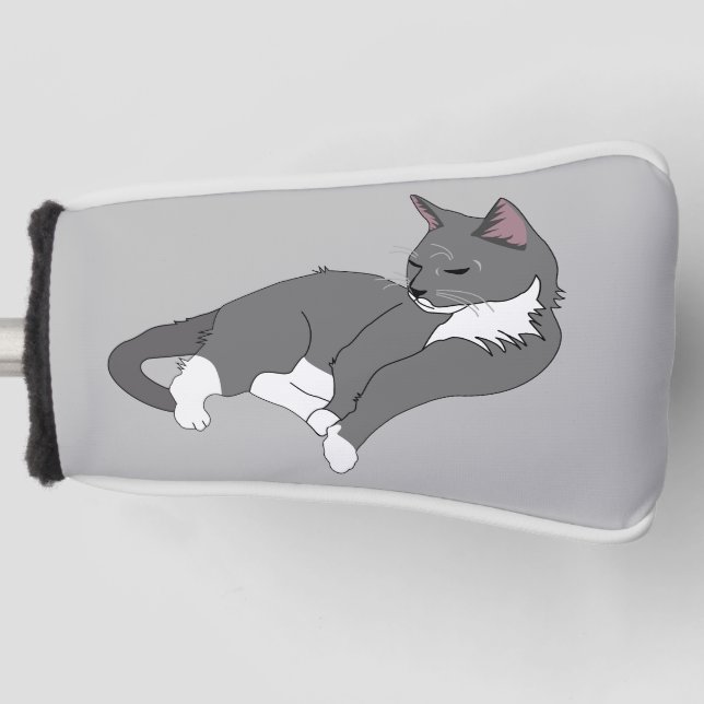 Grey & White Tuxedo Cat Golf Head Cover (Front)
