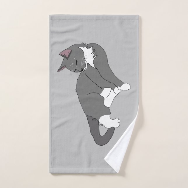Grey & White Tuxedo Cat Hand Towel (Hand Towel)