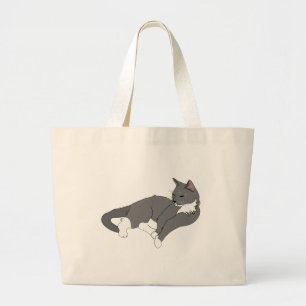 Grey & White Tuxedo Cat Large Tote Bag