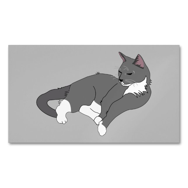 Grey & White Tuxedo Cat Magnetic Business Card (Front)