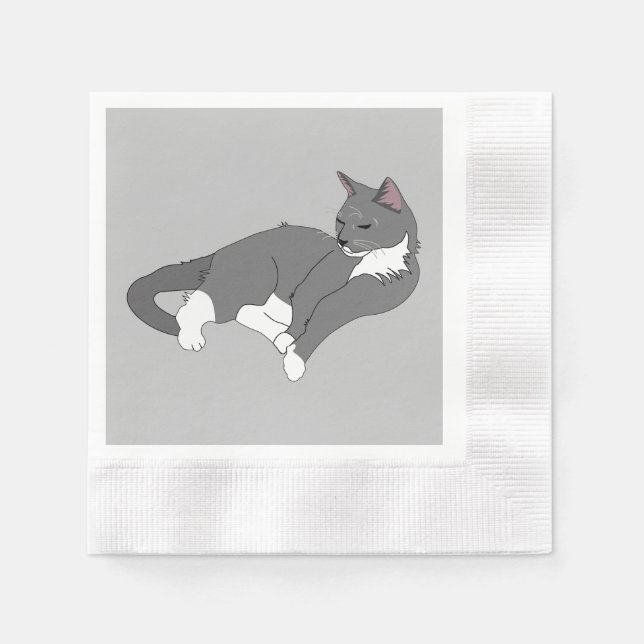Grey & White Tuxedo Cat Napkin (Front)