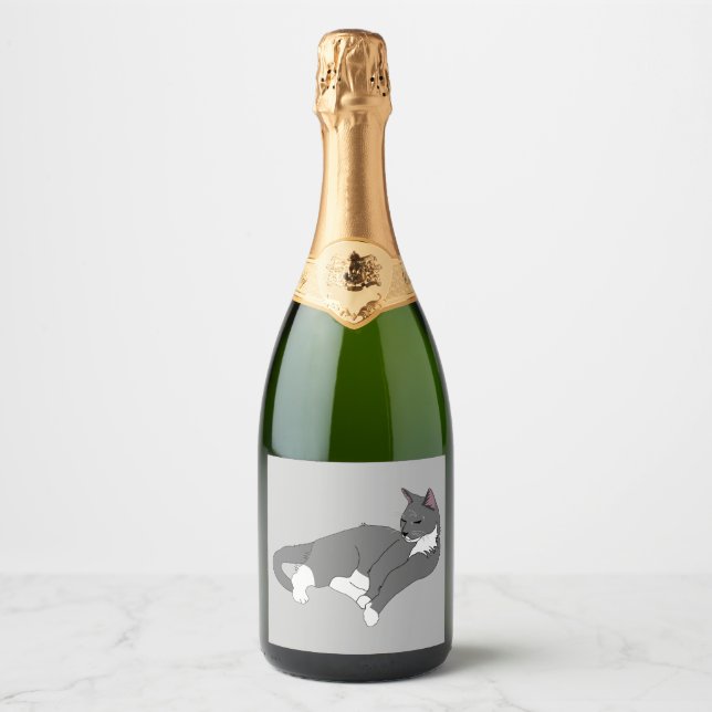 Grey & White Tuxedo Cat Sparkling Wine Label (Front)