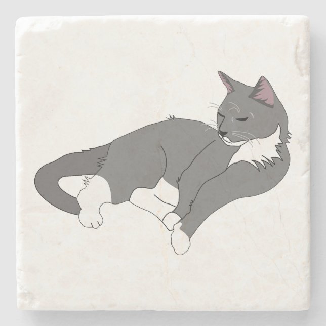 Grey & White Tuxedo Cat Stone Coaster (Front)