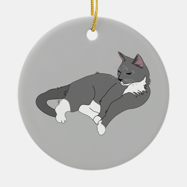 Grey & White Tuxedo Cat T-Shirt Ceramic Tree Decoration (Front)