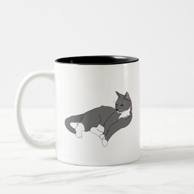 Grey & White Tuxedo Cat Two-Tone Coffee Mug (Left)