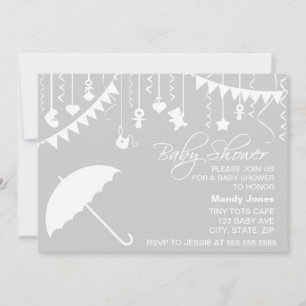 Grey & white umbrella stylish modern baby shower invitation