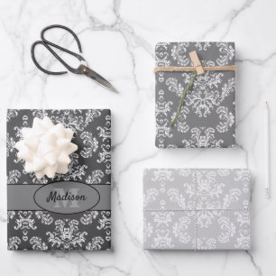 Grey White vintage damask pattern Monogram Wrapping Paper Sheet