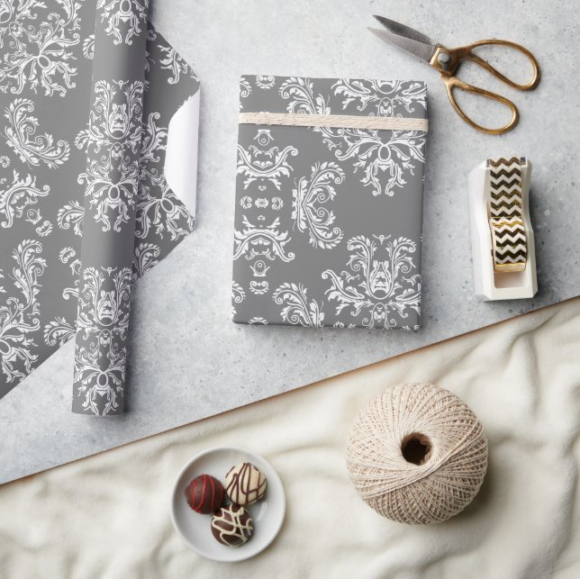 Grey White vintage damask pattern Wrapping Paper (Crafts)