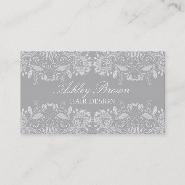 Grey & White Vintage Lace Business Card (Front)