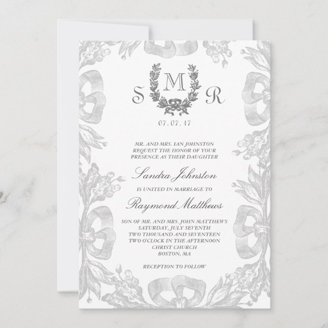 Grey White Vintage Oak Laurel Wedding Invitation (Front)